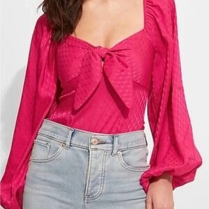 Express Satin Jacquard Tie Front Hot Pink Thong Bodysuit